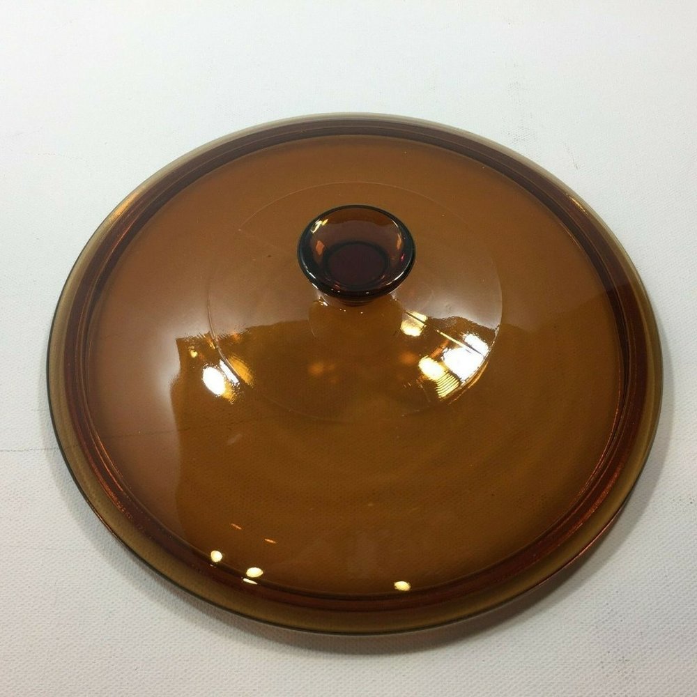 Vintage 9" Glass Amber Brown Cooking Pan Lid Casserole